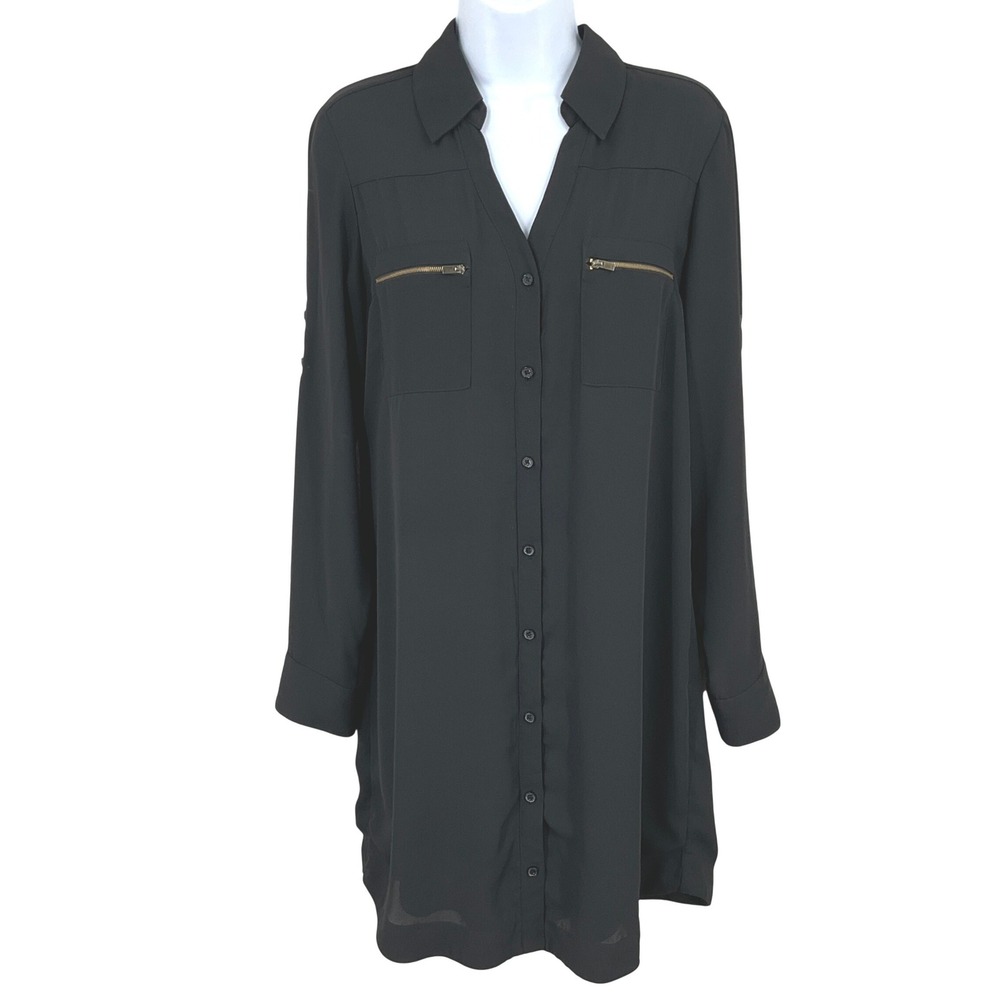 Express Portofino Shirt Dress Womens Size‎ M Black Polyester Zipper Pocket Chic